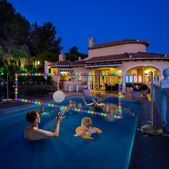 Pool Volleyball Net Set with LED Lights, 15-32FT Width Adjustable