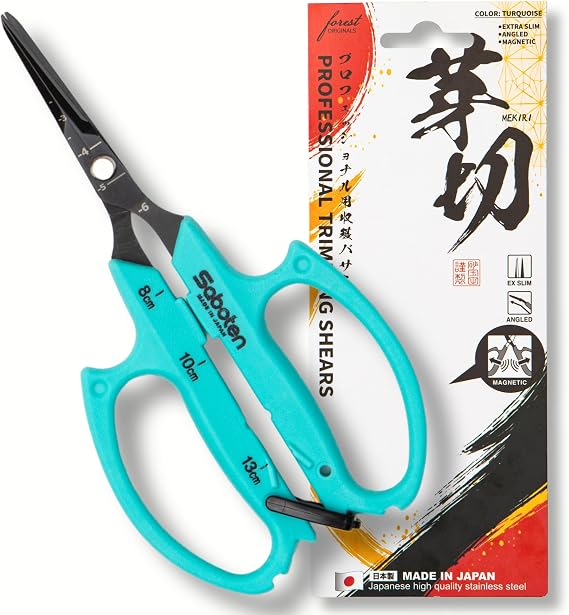 Saboten Japanese Harvesting Shears, Magnetic Springless, Fine-Tip Angled Blade, Fluorine-Coated Steel, Non-Slip Grip, Safety Lock, Made in Japan (Turquoise)