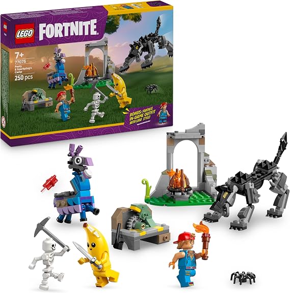 LEGO Fortnite Peely & Sparkplug’s Camp Toy - incl. Wolf & Supply Llama Figures plus 3 Minifigures & a Campfire - Gaming Gift for 7+ Year Old Boys, Girls & Fans - 77075
