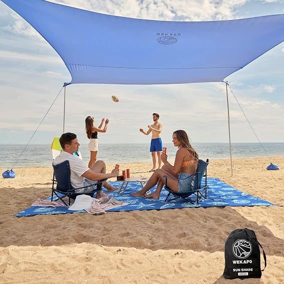 WEKAPO Beach Tent Sun Shelter 9 x 10 FT with Beach Blanket 9 x 8 FT