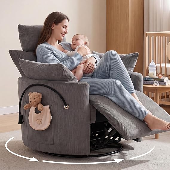 DEKKETO Manual Nursing Rocking Recliner Chair with Footrest, Chenille Grey | Footrest, Adjustable Headrest, Silent 300° Swivel, 30° Rocking Motion, Phone Holder, 2 Side Pockets, 2 Cushions, Oversized