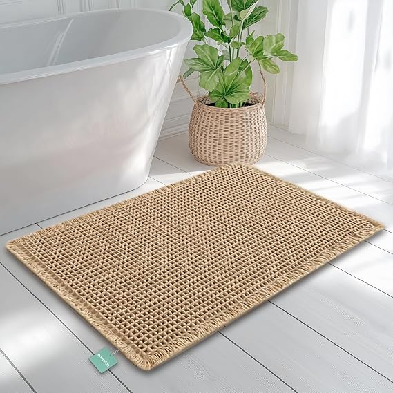annadaif Upgraded Waffle Bath Mat, Super Absorbent Non Slip Bath Mats for Bathroom Floor, Machine Washable Bathroom Rugs with Tassels, Rubber Backed Floor Mats, Ultra Soft, 18" x 30", Brown