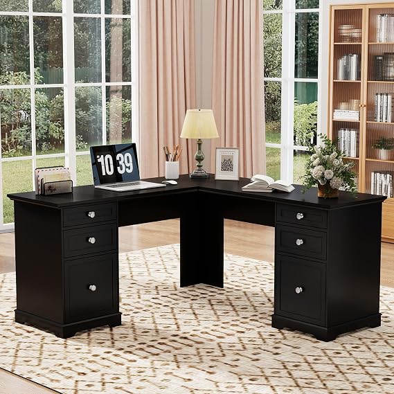 L Shaped Desk with Drawers:60" Black Corner Desk with File Cabinet
