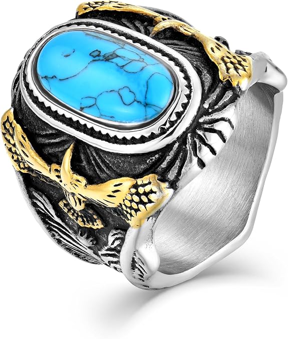 Retro Turquoise Ring for Men Stainless Steel Oval Biker Ring Jewelry for Men,Size7-15