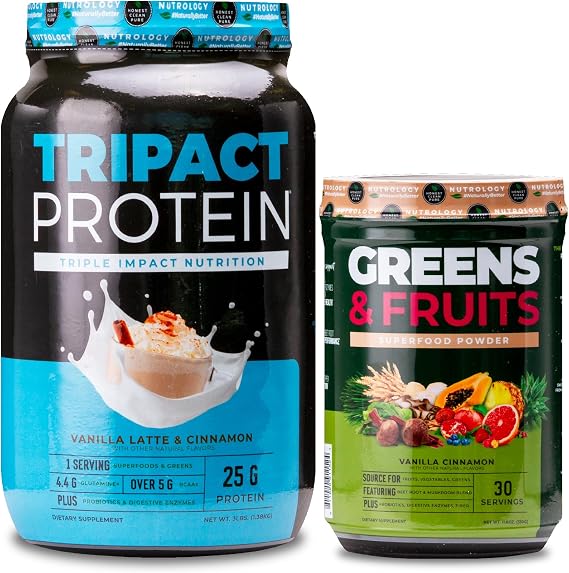 Nutrology TRIPACT Protein Powder, 7-in-1 Meal Replacement Shake, Vanilla Latte Cinnamon (40 Servings) & Greens & Fruits Powder-Naturally Sourced Superfood, Vanilla Cinnamon (30 Servings)