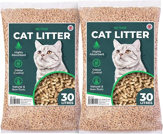 Munnie Cat Litter 2X 30L - Biodegradable, Dust-Free Unscented, Ultra-Absorbent Wood Pellets for Cats & Kittens, Natural Cat-Litter for Housetraining, Non-Clumping, Litter Granules, Pet-Safe