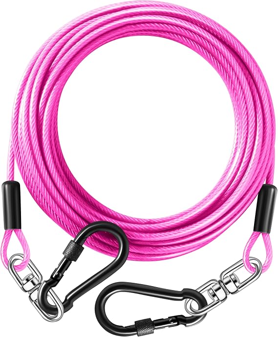 Dog Tie Out Cable 20FT-300Lbs,Heavy Duty Dog Leads&Tether for Yard with Swivel Hook,Small Large Dogs Leash Line for Outside,Rust Chew Proof Dogs Run Cable for Outdoor Camping (Pink, 20FT)