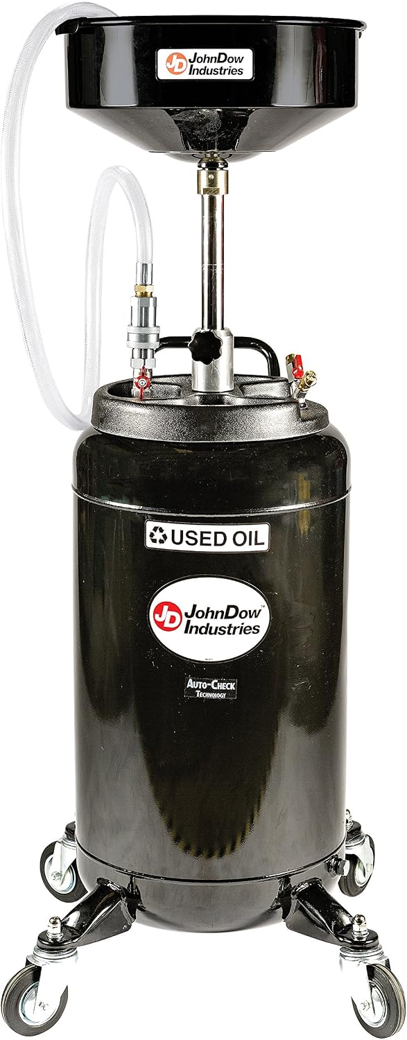 JohnDow Industries JDI-25HDC 25-Gallon Heavy Duty Self-Evacuating Waste Oil Drain, 16 Diameter Funnel, Adjustable Funnel Height of 50 in. to 70 in. Includes 6 Foot Quick Connect Discharge Hose