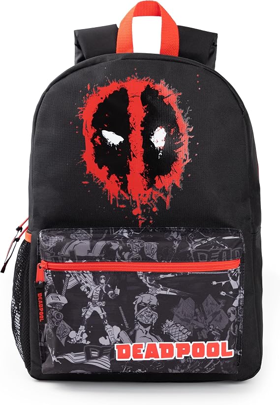 Marvel Deadpool Boys Backpack | Black & Red Rucksack with Adjustable Straps | Superhero Practical & Organised Luggage Sports School Bag For Kids | Movie Series Merchandise Gift