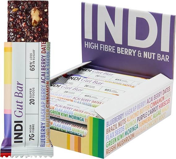 INDI High Fibre Gut Health Bars — Made of 20 Superfoods, Vegan & Gluten Free — Plant Based with Nuts, Seeds & Fruit With No Added Sugar & Natural Energy — 12 Pack, Made in UK