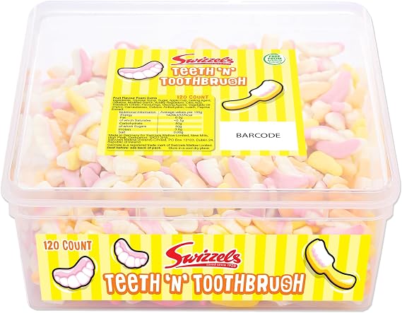 Swizzels Teeth N Toothbrush Foam Gums Sweets Tub 120 Count, 576g