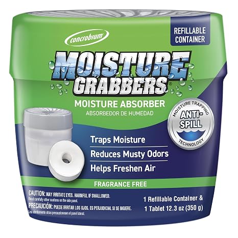 Concrobium Moisture Grabbers Refillable Container, Fragrance Free, Moisture Absorber for Closets, Basements and Bathrooms, Helps Reduce Dampness and Musty Odors, Reusable Design