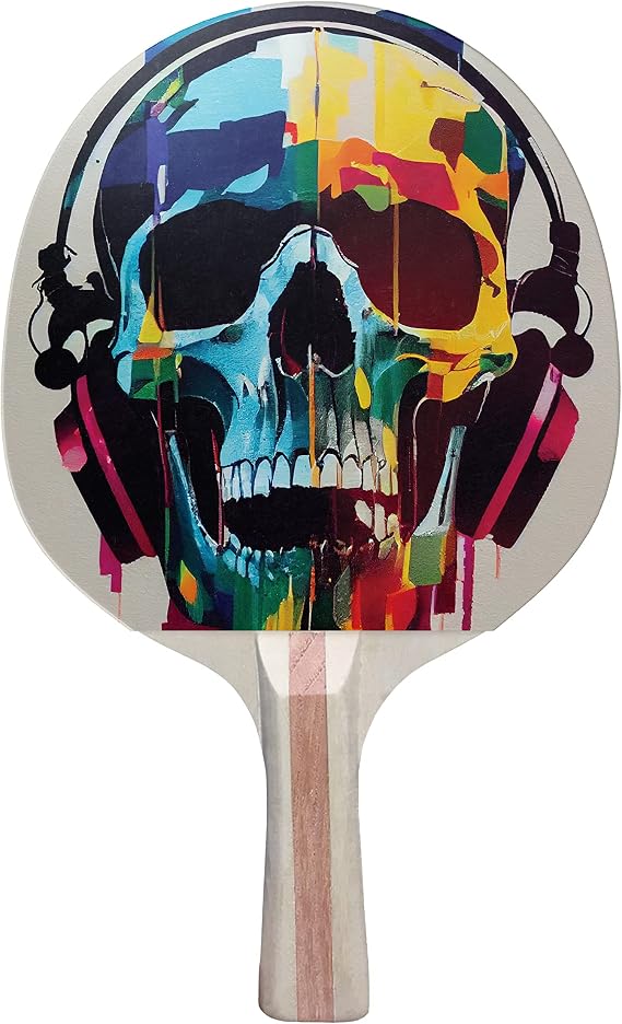Skull Headphone Colorful Design Ping Pong Paddle, Premium 5 Ply Table Tennis Racket (Red on Back)