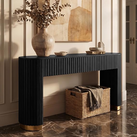 54" Fluted Console Table with 2 Drawers, Entryway Sofa Table, Black Grey
