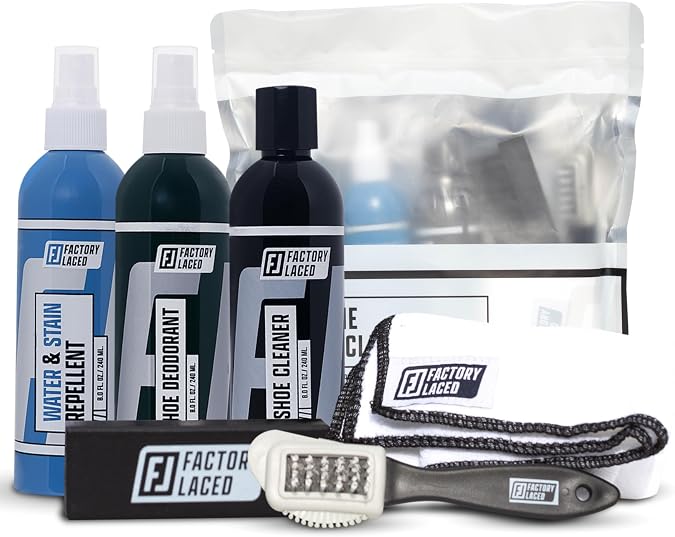FACTORY LACED Sneaker Care Kit Shoe Cleaner with Deodorizer & Water Repellent Spray, 2 Brushes & Microfiber Towel Works on Jordan, Nike, Adidas Leather, Suede, Canvas & Mesh