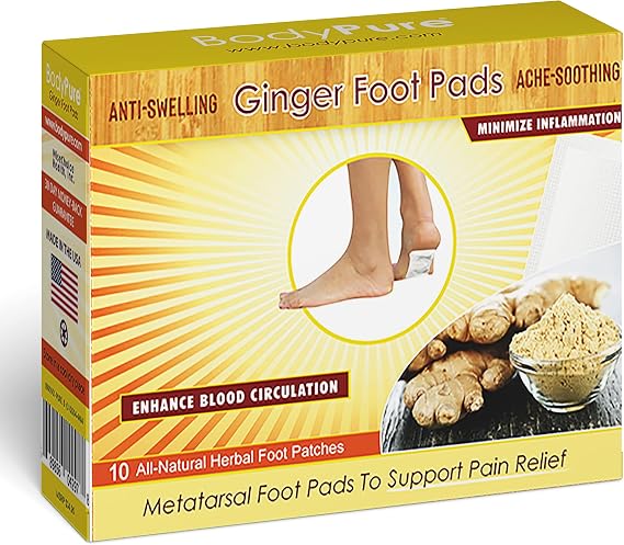 BodyPure | Anti Swelling Ginger Foot Pads | Metatarsal Support & Pain Relief | Made with Menthol, Comfrey, Witch Hazel | Herbal Ginger Foot Patches for Pain and Swelling | White