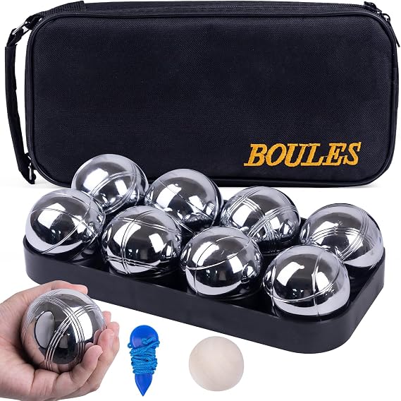 WodGod Petanque Game Set 8 Stainless Steel Balls with Carry Case, Target Ball & Measuring String, Classic Petanque Game Set for Lawn, Beach & Backyard Outdoor Family Bocce Ball Fun