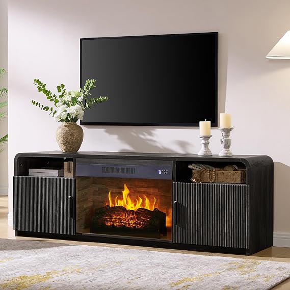 AMERLIFE 70" Fluted Fireplace TV Stand with 30" Electric Fireplace | Black Wood TV Console, Modern Living Room Entertainment Center, Fits TVs up to 80", Storage Cabinets, Rounded Edges