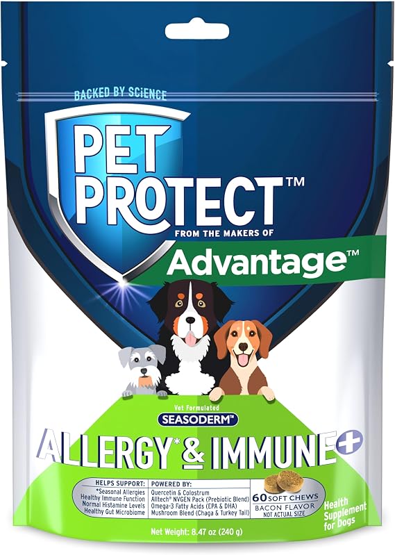 Pet Protect Dog Allergy* & Immune+, Itchy Skin Support, Vet-Formulated Seasoderm, Bacon-Flavored Soft Chews (60 Count)