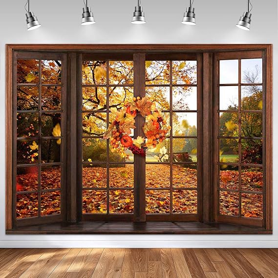 Mocsicka 7x5ft Fall Window Photo Backdrop Thanksgiving Banner Decorations | Autumn Maple Leaves Fall Forest Picture Photography Background Happy Fall Thanksgiving Party Decorations Banner