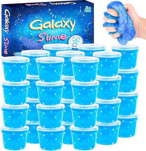 Galaxy Slime Bulk 24 Pack - Blue Galaxy Slime in Clear Jars | Non-Sticky, Soft & Wet Texture | Party Favours, Goodie Bag Fillers, Birthday Gifts for Kids & Classrooms