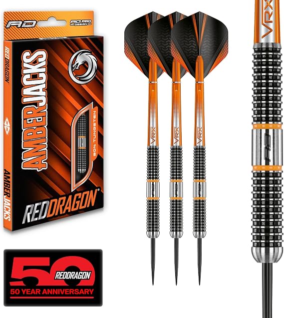 RED Dragon Amberjack Tungsten Darts Set with Darts Flights & Dart Stems (Shafts) Professional 90% Tungsten Premium Darts Set Available in 22g, 23g, 24g, 25g, 26g, 27g, 28g, 30g