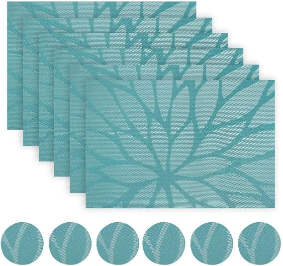 Placemats and Coaster Sets Teal Set of 6 - Woven Vinyl Dinning Table Placemats Heat Resistant Non-Slip Washable Wipe-Clean Place Mats for Home, Kitchen (6 placemats + 6 coasters)(BlueGreen)