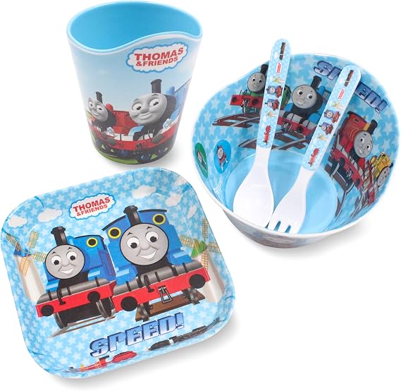 Thomas Transport Fans 5 Pcs Set Cartoon Durable Tableware Meal Dishes Mealtime Food Feeding Eating Set includes Dinner Serving Bowl Plate Cup with a Matching Spoon and Fork