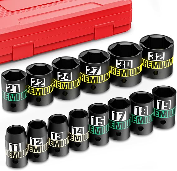 14-Piece Impact Socket Set Power Sockets 1/2 Inch 11-32 mm Short Impact Wrench Nuts Set for Car Repairs Maintenance and Tyre Change