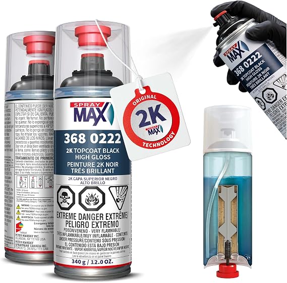 SprayMax 2K Topcoat Black High Gloss | 2K Gloss Black Spray Paint | 2K Black Spray Paint for Metal & Plastic | Durable Glossy Finish | Chemical & Weather Resistant | Professional Grade | 12 oz