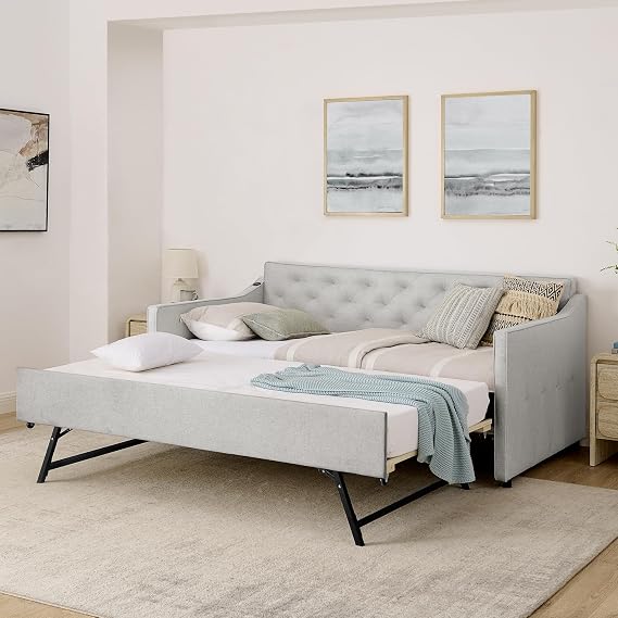 Bellemave Twin Size Upholstered Daybed with Pop up Trundle,Linen Day Bed Frame with Trundle,Twin to King Daybed,Tufted Sofa Bed for Bedroom,Living Room,Guest,Beige