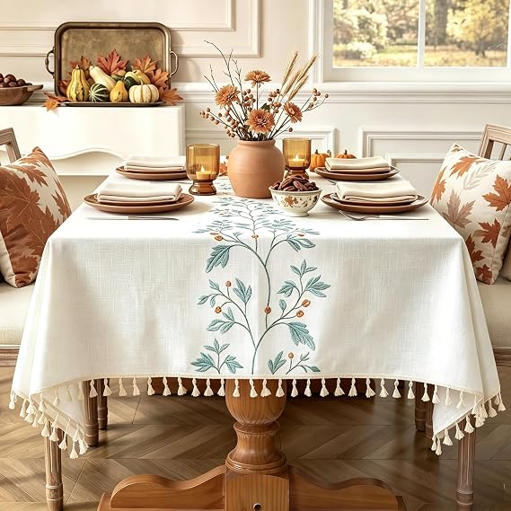 Laolitou Rectangle Embroidered Tablecloth with Tassels 55x102 Inch