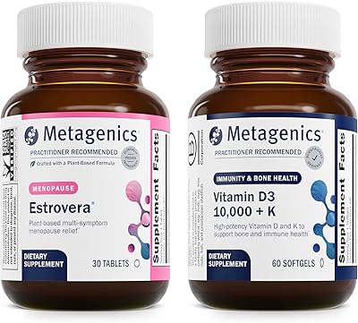 Metagenics Menopause Duo: HerWellness Estrovera - All-Natural, Hormone-Free Menopause Support Supplement - 30 Tablets & Vitamin D3 10,000  K - for Bone & Heart Health - 60 Softgels
