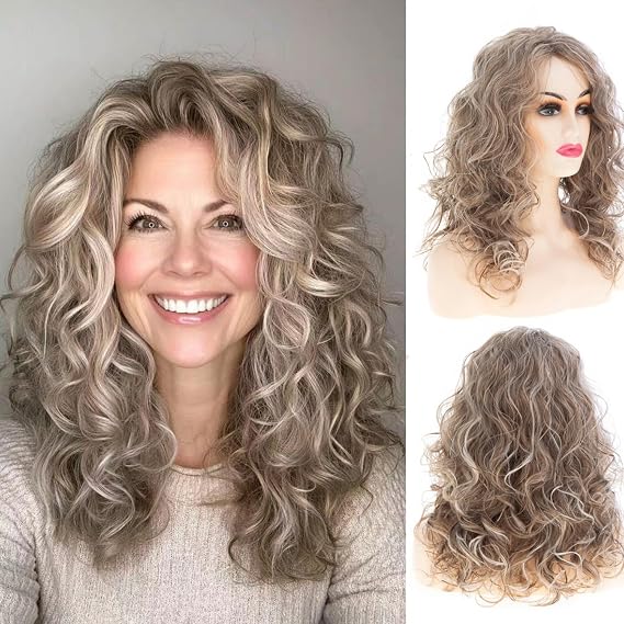 Long Curly Blonde Wig for Women Mixed Brown Bouffant Wavy Hair Natural Looking Heat Resistant Synthetic Wigs
