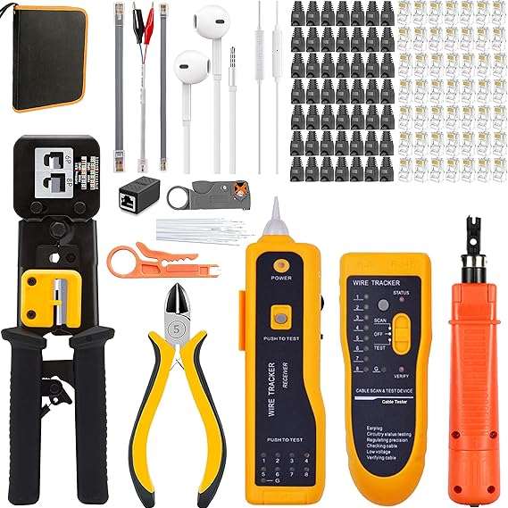 LEATBUY RJ45 Crimp Tool Kit CAT6 Crimper CAT5 Crimping Tool Set, 50PCS Connectors 50PCS Covers Network Ethernet Cutter LAN Cable Tester, Wire Punch Down Cutter Stripper PlierBLACK