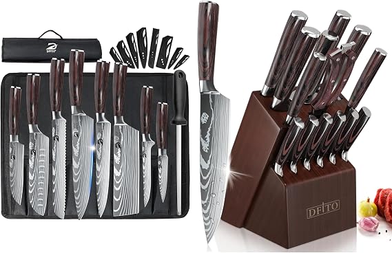 Dfito Chef Knife Sets with Roll Bag Knife Block Set,15 PCS Knife Set with Block