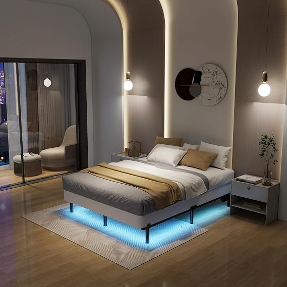 Full Size Bed Frame with LED Lights 7 Inch Platform Bed Frame Thick Basics Bed Base for Box Spring & Mattress Foundations,Adjustable Length,Noise Free,Tools Free (7 Inch, Full)