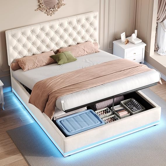ModernLuxe Upholstered Double Bed Frame with LED Lighting, 4FT6 Ottoman Bed with Hydraulic Storage, Handmade Button Tufted Adjustable Headboard, No Box Spring Needed, Velvet, Beige, 135x190cm