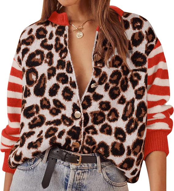 TERIVEEK Women Leopard Striped Cardigans Cheetah Print Open Front Button Down Long Sleeve Knit Sweater Fall Outwear Coats