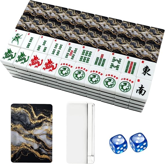 American Mahjong Tile Set Black Gold Marble Marbled Distorted 166 Acrylic Mahjong Tiles 1.4" Large Mahjong Game Set with Bag and Accessories for Gift Travel Party