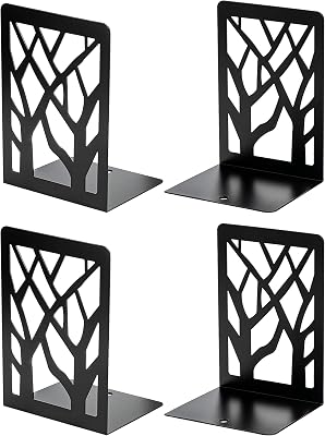 MaxGear Book Ends Tree Design Modern Bookends for Shelves, Non-Skid Book Holder, Heavy Duty Metal Book Storage for BooksCDs, Decorative Book Stopper for Home, 7 x 4.7 x 3.5, Black,2 Pair4 Pieces