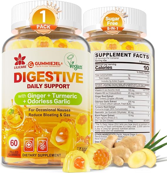 LILICARE Ginger Chews Gummies for Nausea & Digestive Support, Stomach Relief - Sugar Free with Turmeric & Odorless Garlic, Quercetin, VD3, VC, Ginger Supplements for Women, Men & GLP-1 Users, 1 Pack