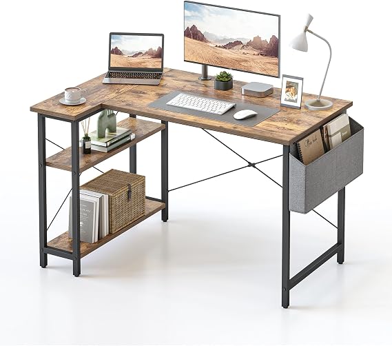 CubiCubi L Shaped Desk, 47" Computer Table with Reversible Storage Shelves Home Office Corner Study Writing Gaming, Rustic Brown