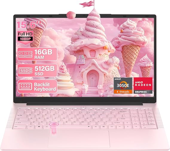 15.6 Inch FHD Pink Laptop for Work, College Students & Home