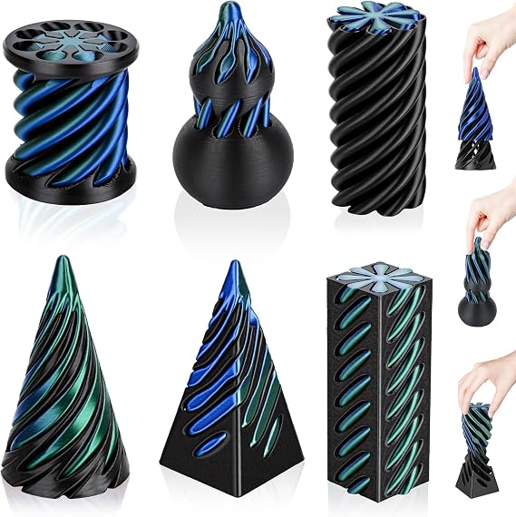 6 Pack 3D Printed Spiral Cone Fidget Toys Black Desk Relief Set