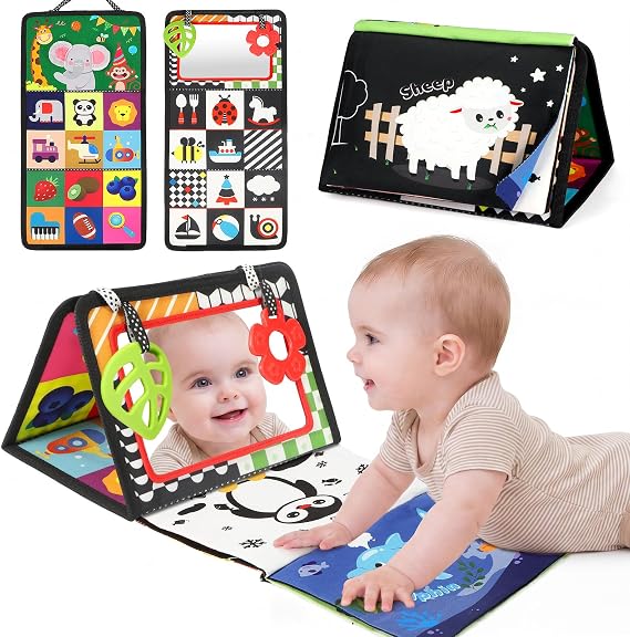 OO Tummy Time Toys, Black and White High Contrast Baby Toys for Newborn, Baby Visual Stimulation Mirror, Montessori Crinkle Book for Infant 0-3-6-12 Months, Boy Girl Shower Gift