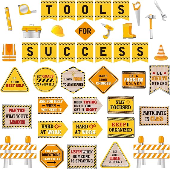 Outus 47 Pcs Construction Bulletin Board Set Construction Cutouts Tools for Success Classroom Decorations for Kid Students Back to School Gifts Birthday Party Supplies