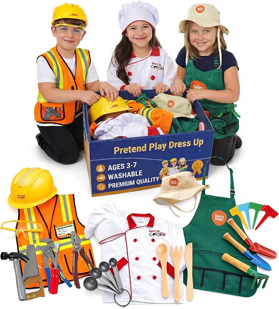 Born Toys 3-in-1 Toddler Kids Costume Set, Chef, Gardener, Construction, 3+