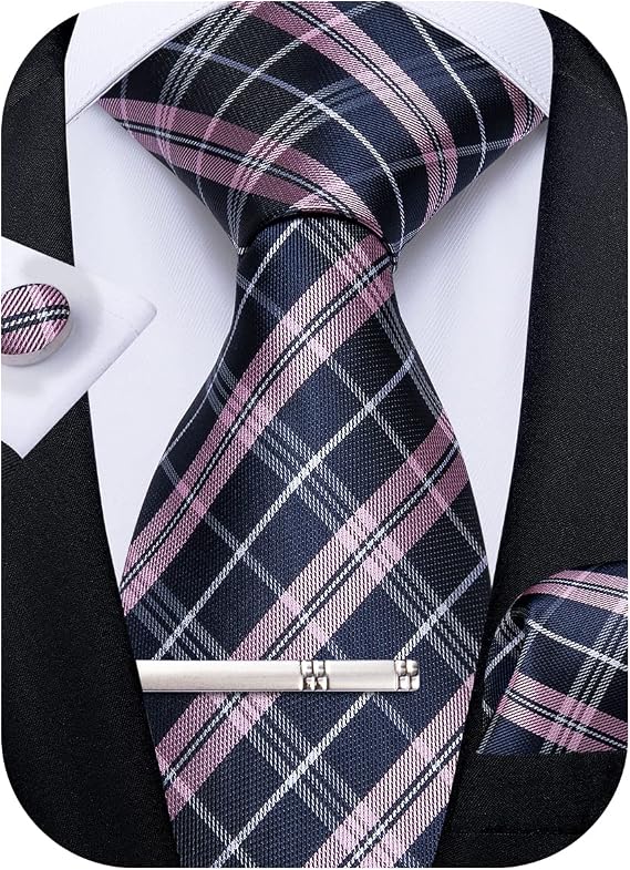 DiBanGu Plaid Ties for Men Silk Checkered Necktie and Pocket Square Cufflinks Tie Clip Set with Gift Box for Wedding Business