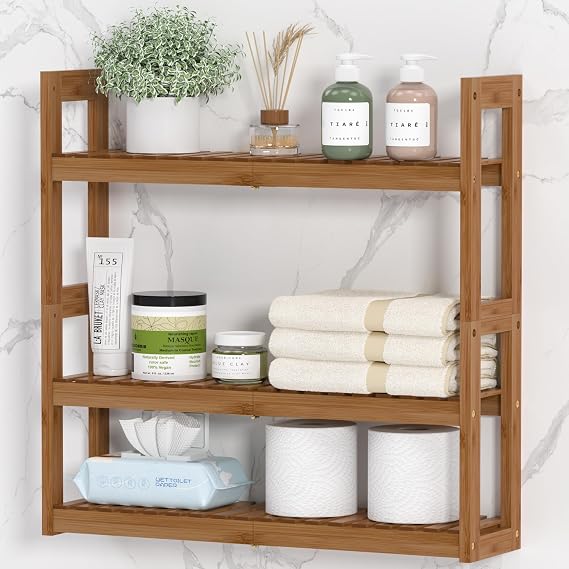 Domax Over The Toilet Storage 3 Tier Bathroom Shelves Wall Mounted Walnut | Space Saver Bamboo Corner Shelf Organizer Adjustable Hanging Storage Rack for Kitchen, Living Room,23.6 x 6.1 x 22 Inches